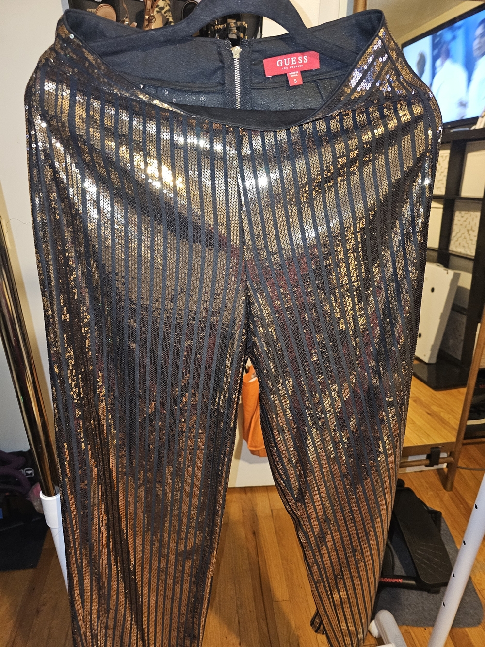 GUESS Black and Gold Sequin Stripe Women's Pants Size S